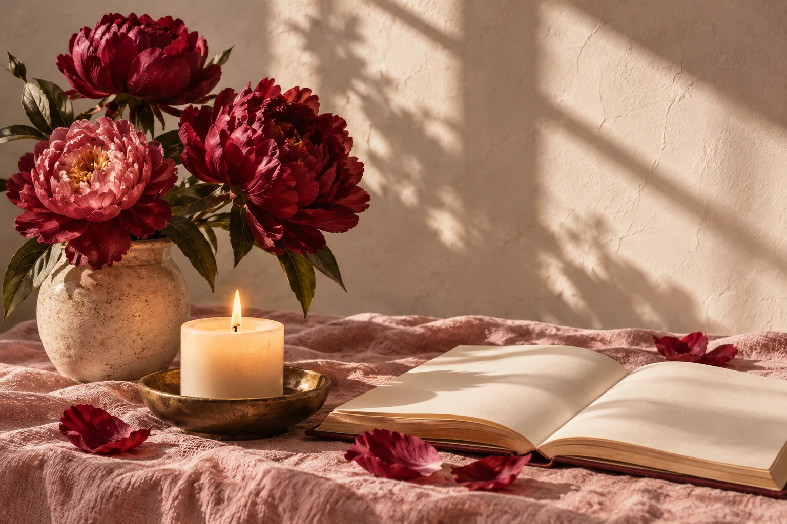 Candle, book, and peonies for remembrance