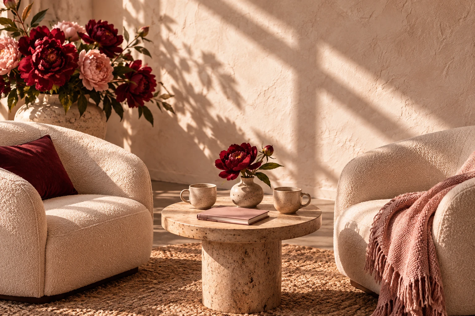 Two empty chairs and tea cups in a quiet welcoming space for support